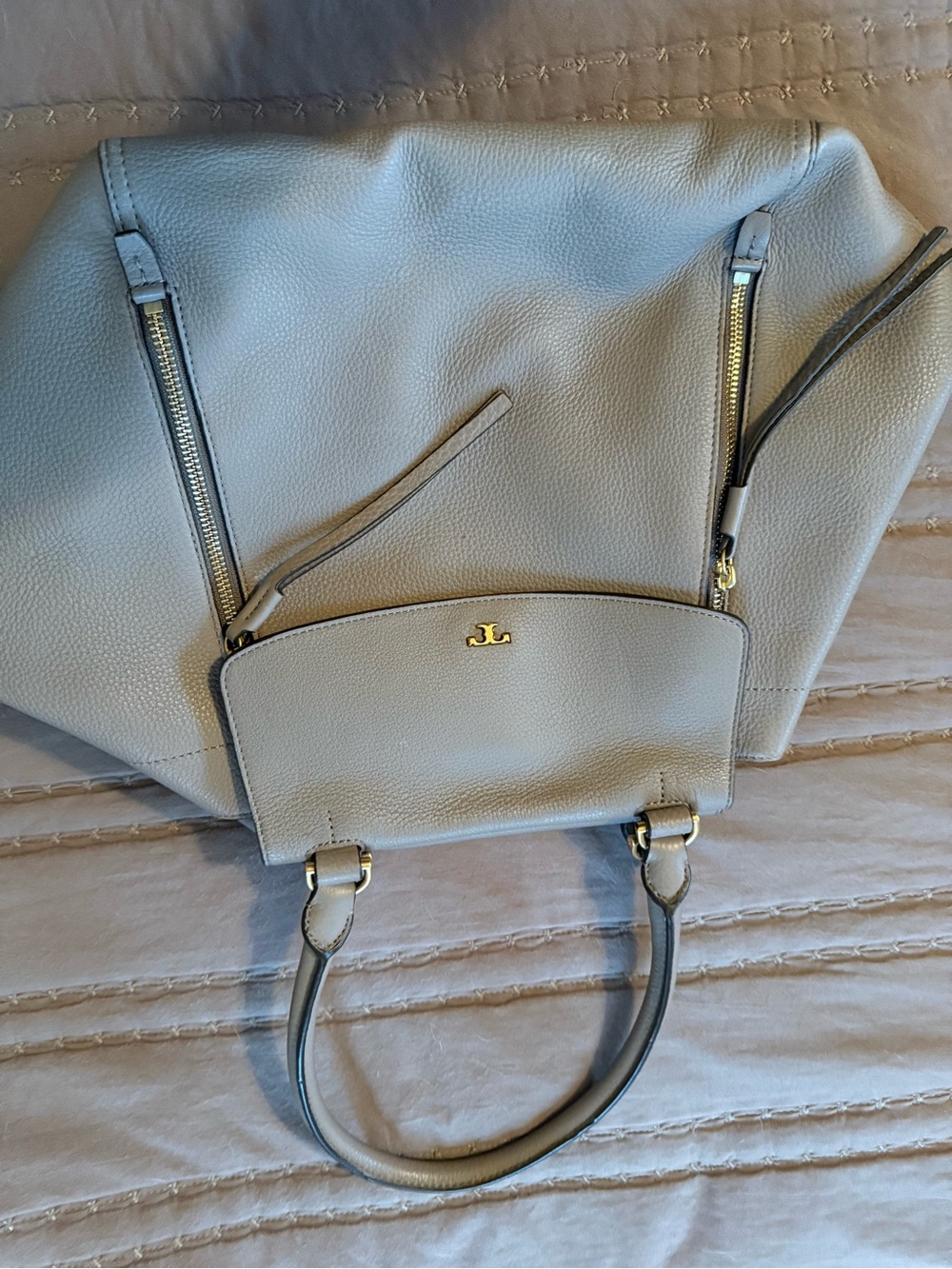 Tory Burch Light Gray Pebbled Leather Tote with Gold Trim